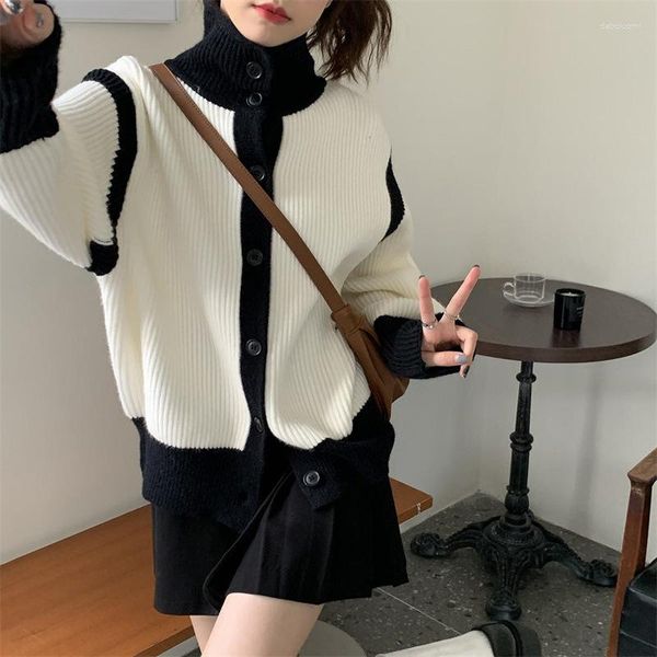 Frauen Strick Schwarz Weiß Rollkragenpullover Y2k Kleidung 2023 Herbst Koreanische Mode Sueters De Mujer Abgeschnitten Strickjacke Mantel Ziehen femme