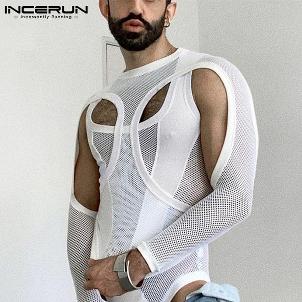 Camisetas Masculinas INCERUN Bodysuits Men Mesh Patchwork See Through Pijama O neck Man Manga Longa Macacão Roupa Interior 2023 Skinny Sexy Body S 5XL 230724