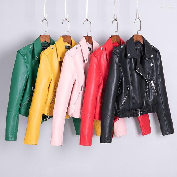 Women's Leather Spring Autunno Autunno Giacca finta Fuce Short Zipper Biker Coat Ladies Turndown Collar Motorcycle Jackets sciolta di capispalla Q456