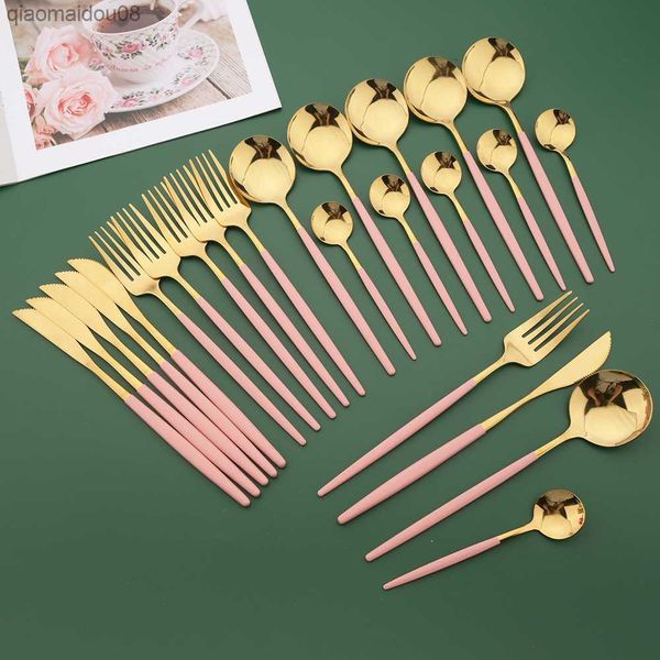 6Personen Gehobenes Geschirrset Edelstahl Besteck Geschirrset Roségold Messer Gabel Löffel Western Hochzeit Bar Besteckset L230704