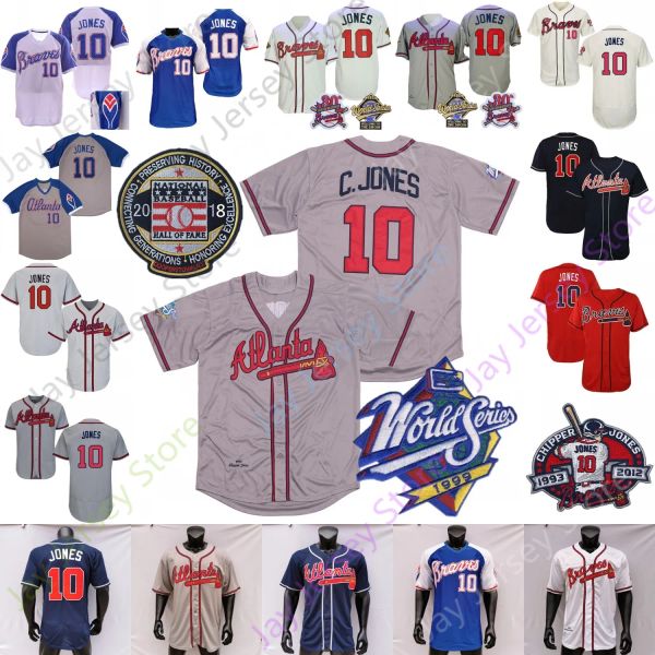 Chipper Jones Jersey 1995 WS Vintage Beyzbol 1999 Gri Beyaz Blue Pullover Onur Listesi Emeklilik Yaması Ordu Yeşil Boyut S-3XL