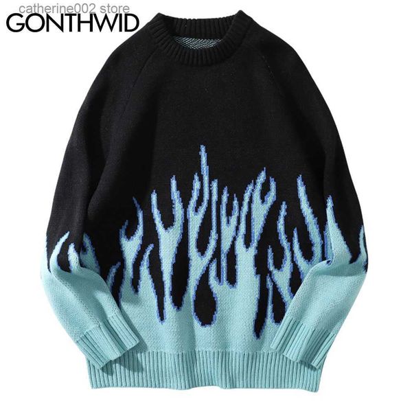 Herrenpullover GONTHWID Hip Hop Pullover Feuer Flamme Strickpullover Pullover Streetwear Harajuku 2023 Herrenmode Casual Pullover Tops Mäntel T230724