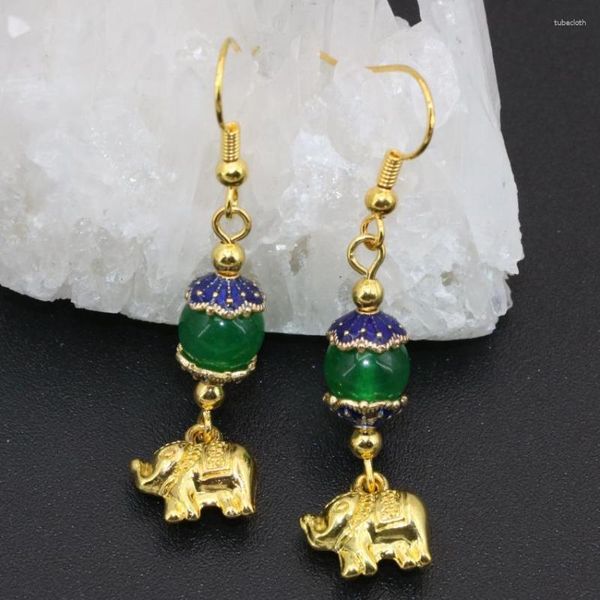 Brincos pendentes de alta qualidade moda gota ouro-elefante verde jades calcedônia jóias longas preço de atacado B2620