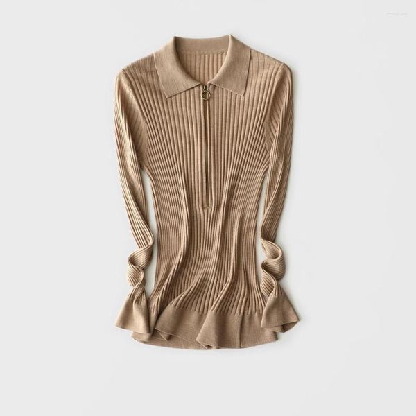 Damenpullover Herbst/Winter Merinowolle Pullover Poloshirt Reißverschluss V-Ausschnitt Modischer Pullover gestrickt gestreift schlank aussehend