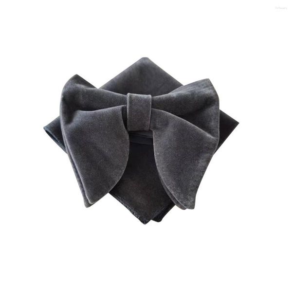 Бабочка галстуки DK Grey Velvet Men's Office Solid Blue Big Bowtie Tuxedo Tie Tie Hanky ​​Set Accessories Fit