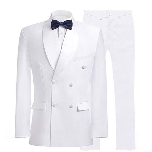 Nova chegada trespassado branco noivo smoking xale lapela ternos masculinos 2 peças casamento formatura jantar blazer jaqueta calça gravata w912258l