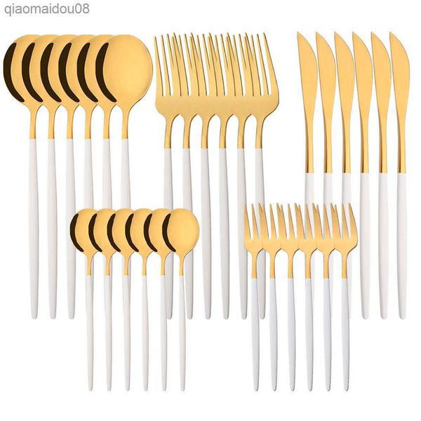 Weiß Gold 24/30 Teile Geschirr Set Messer Obst Gabel Tee Löffel Geschirr Besteck Set Edelstahl Besteck Küche besteck L230704