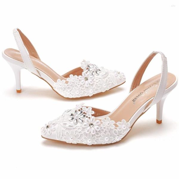 Sapato social Slingback 7cm Salto alto Luxo Branco Renda Pérola Qualidade de Casamento Estilista Elegante Streetwear Feminino Sandálias B-04