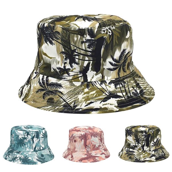 Cappellini estivi Vento tropicale Albero di cocco Stampa Cappello da vaso da fiori Doppio abbigliamento da uomo Cappello estivo da uomo in lino per protezione solare da esterno