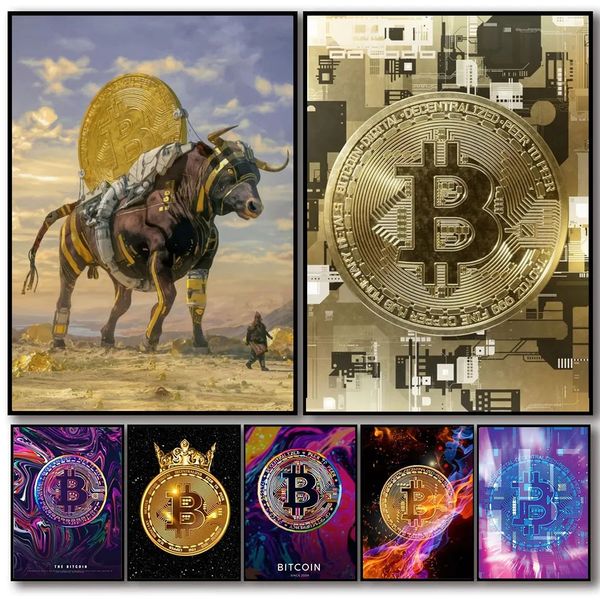 Pintura em tela Dinheiro moderno Bitcoin Crypto Art Graffiti Abstract Wall Posters Prints Pictures Office Bedroom Home Decor Cuadros w06