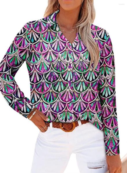 Camicette da donna Camicia con stampa floreale verde con scollo a V Camicetta da donna Camicetta casual a maniche lunghe con bottoni Top oversize con risvolto