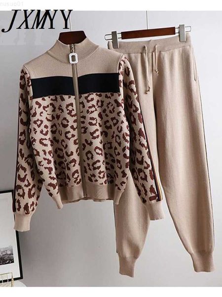 Damen Jacken Trainingsanzug Frauen Leopard Strick Reißverschluss Strickjacke Tops + Hosen Anzug 2PCS Sets Langarm Jacke Mantel Frau Casual Pullover Hosen Anzüge L230724