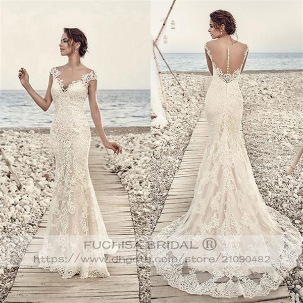 Abito da sposa in pizzo champagne con maniche ad aletta e abito da sposa slim fit to flare con illusione posteriore Custom Made213Y