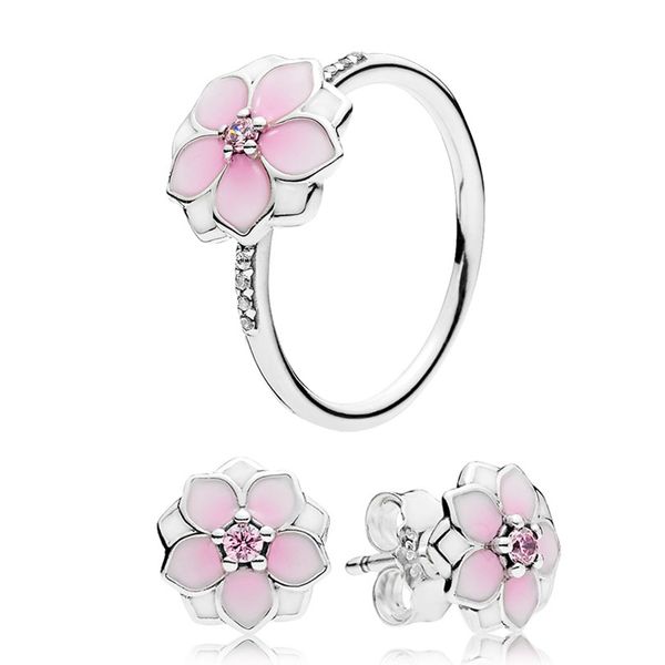 Conjunto de brincos de magnólia rosa para pandora 925 prata esterlina designer de joias para mulheres meninas brinco de flor de alta qualidade anéis de presente de luxo com caixa original