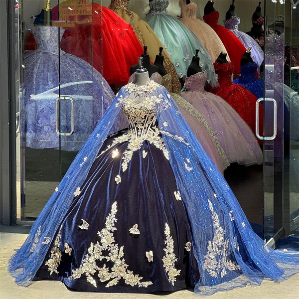 Vestido de baile azul marinho com ombro de fora, vestidos quinceanera para meninas, flores 3d frisadas, vestidos de festa de aniversário com capa, renda nas costas