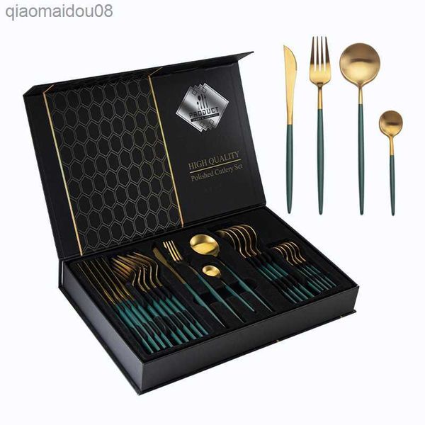 24-teiliges Edelstahl-Geschenkbox-Set, Geschirr, vergoldete Messer, Gabeln und Löffel, Geschirr-Set, Reisebesteck-Set, Utensilien-Set L230704