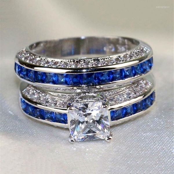 Eheringe 2 teile/satz Silber Farbe Doppel Ring Set Engagement Frau Zirkonia Für Frauen Damen Liebhaber Party Schmuck 2023