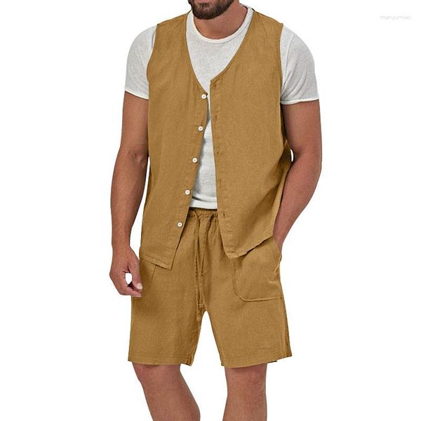 Agasalhos masculinos vintage de linho de algodão de cor pura, ternos masculinos de verão, sem mangas, botão, colete, camisa e shorts, conjunto para roupas masculinas