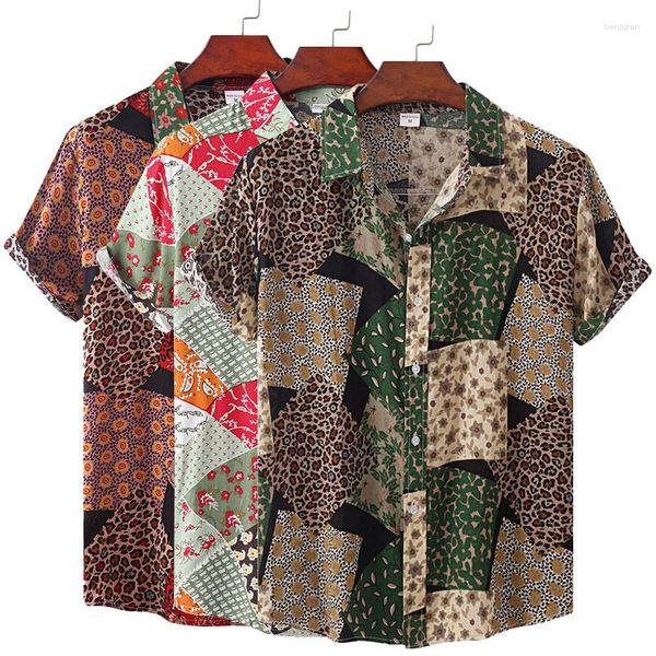 Camisas casuais masculinas de algodão poliéster verão camisa de manga curta geometria respirável praia havaiana blusa masculina para homens