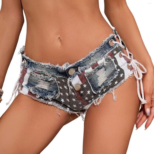 Frauen Shorts 2023 Sommer Flagge Drucken Sexy Low Taille Löcher Bandage Rip Jeans Strand Stil