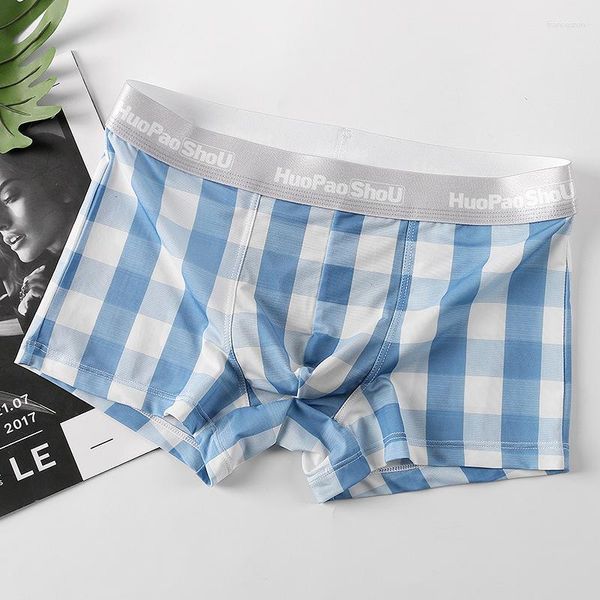 Cueca boxer xadrez de seda gelada respirável grande solta fina confortável verão bolsa convexa roupa íntima masculina