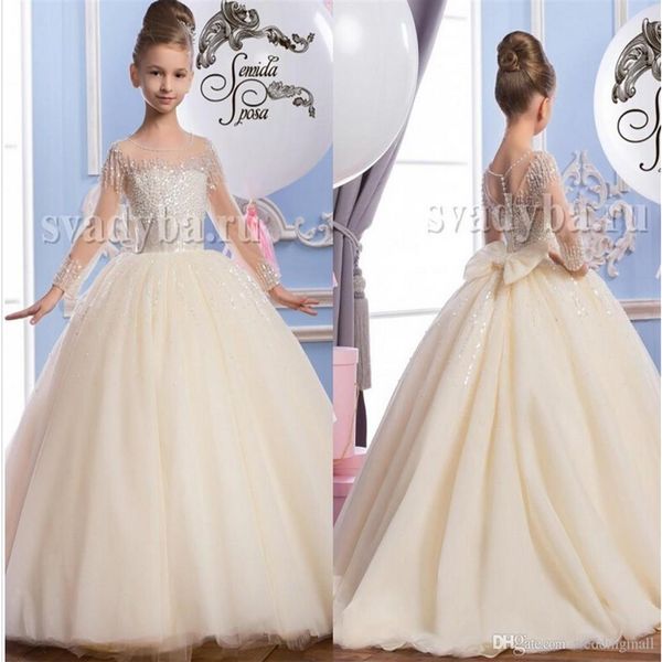 2016 Transparente Pescoço Frisado Tule Luxuosos Vestidos Árabes Da Menina Flor Vintage Vestidos Concurso Infantil Lindos Vestidos De Casamento Da Menina Flor 234Y