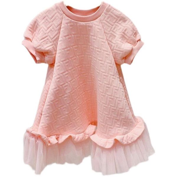 2023 Primavera ed estate New Child Girl Pink Western Style Medium e Large Girls Mesh Abito a maniche corte Abito da principessa