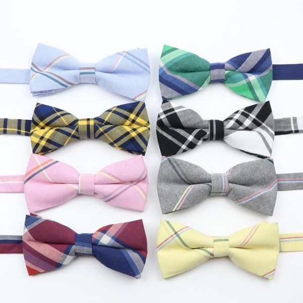 Bow Ties Erkekler Klasik Ekose Bowtie Neckwear Ayarlanabilir Pembe Sarı Mavi Pamuk Kravat Kelebek Düğün Partisi Elbise Takım Bowknot