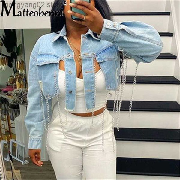 Damenjacken Frauen Sexy Zerrissene Denimjacken Mode Lässige Asymmetrische Kurze Jeansjacke Langarm Rückenfreie Ketten Kurzmantel Streetwear T230724