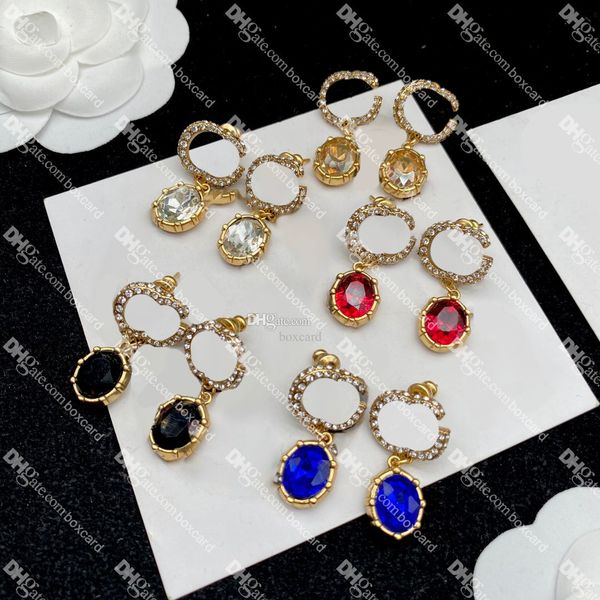 Классические серьги с двойными буквами 5 Colors Diamond Studs Ruby Sapphire Clear Clinestone Shiny Vintage Eardrops Dangler с коробкой