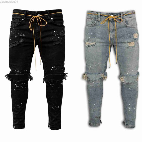 Herren Jeans Männer Jeans Stretch Destroyed Ripped Paint Point Design Mode Knöchel Reißverschluss Röhrenjeans für Männer L230724