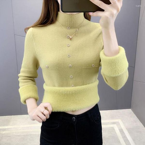 Frauenpullover Frauen Pullover Dicke 2023 Ankunft Winter Plus Samt Warm Halten Slim Button Weibliche Strickpullover Koreanischer Stil A113