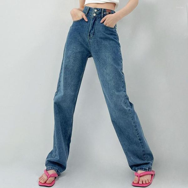 Jeans feminino JulyPalette Washed Blue Trespassado calças largas jeans outono inverno mulheres largas perna reta cintura alta longo