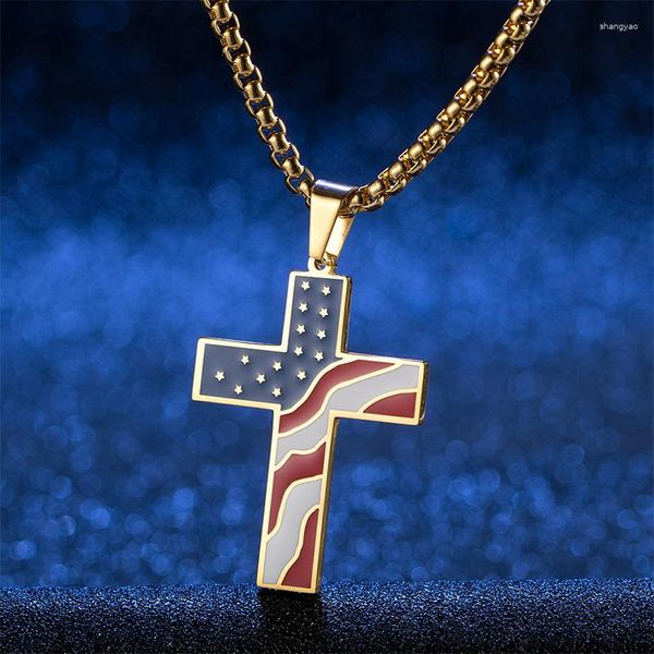 Collane con ciondolo Croce Collana da uomo con bandiera americana Catena sul collo Acciaio inossidabile Hip Hop Punk Nero Regali per uomo
