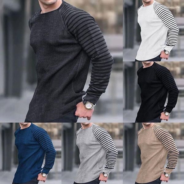 Blusas Masculinas Outono 2023 Listrado Costura Suéter de Algodão Manga Longa Moda Casual Modelos Decote Redondo Inverno