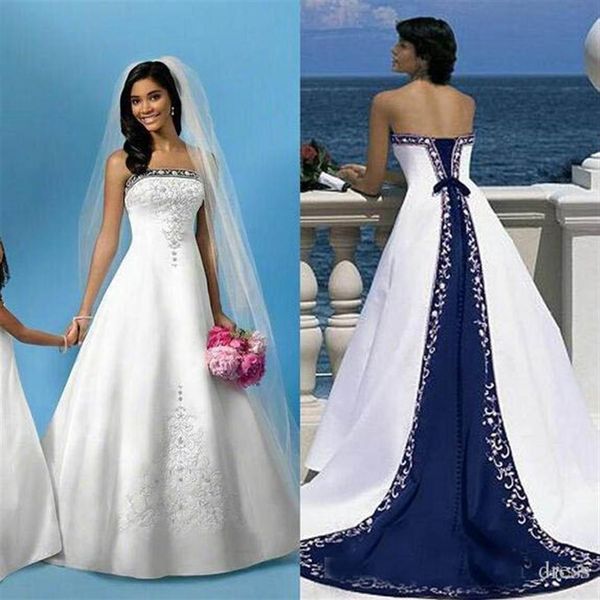 Беспопейн -белые и королевские синие линейные свадебные платья 2019 Вышитые атласные свадебные платья Корты