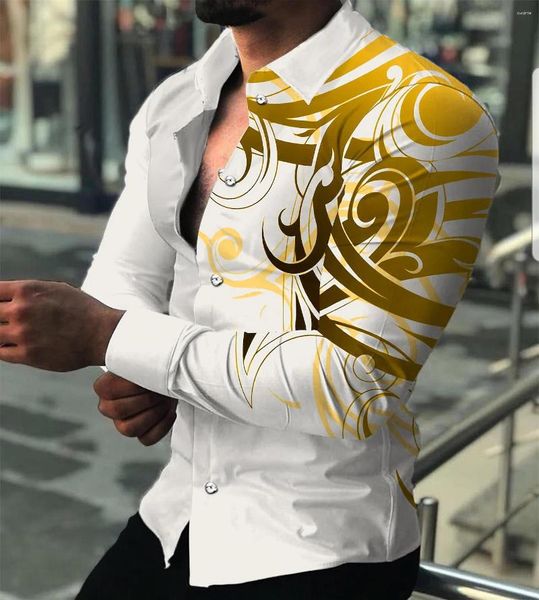 Herren-Freizeithemden mit Krawattenknöpfen und goldenen Streifen, 3D-gedruckter, langärmliger Ball-Cardigan, S-6XL, hohe Qualität