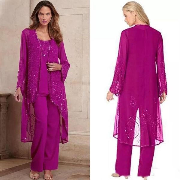 Plus Size Fucsia Mother Of Bride Tailleur Pantalone Tre pezzi Chiffon Madre Abiti formali Perline Occasioni speciali Madri Tailleur pantalone con 326S