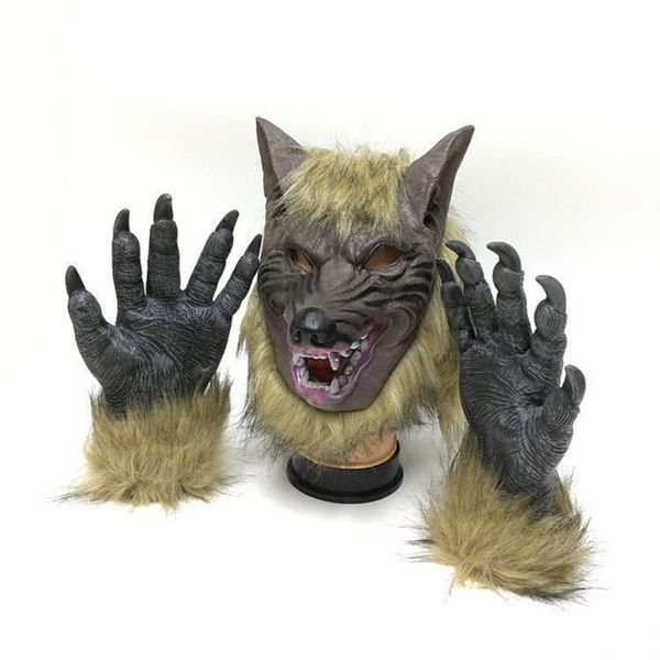 Horrível Cosplay Animal assustador Lobo Orelha Boca Cabeça Garra Mão Luvas Máscara de Halloween assustadora Cara cheia Capacete Adereços de fantasia de festa