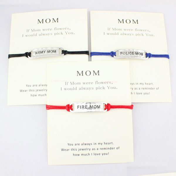 Braccialetti con ciondoli Army Fire Thin Blue Line Mamma Moglie Figlia Nonna Nonno Sorella Padre Card Wax Cord Donna Moda Gioielli Goccia Deli Dhddk