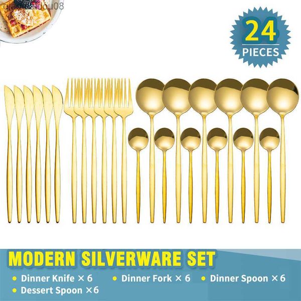 24 Teile/satz Bunte Geschirr Set Edelstahl Besteck Set Küche Spiegel Gold Geschirr Messer Gabel Löffel Spülmaschinenfest L230704