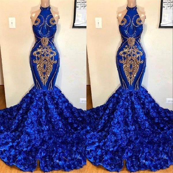 Royal Blue Mermaid Prom Dresses 2019 Fiori di rosa Gonne Lungo Cappella Treno Halter Abiti da sera africani Applique oro Perline Formal233z