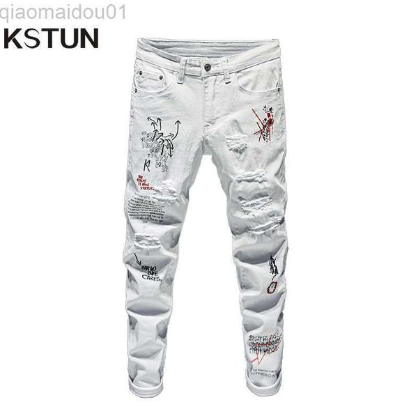 Jeans Masculino Jeans Branco Moda Masculina Letras Bordadas Na Moda Meninos Universitários Slim Fit Runway Calças Denim Destroyed Jeans Rasgados Preto L230724