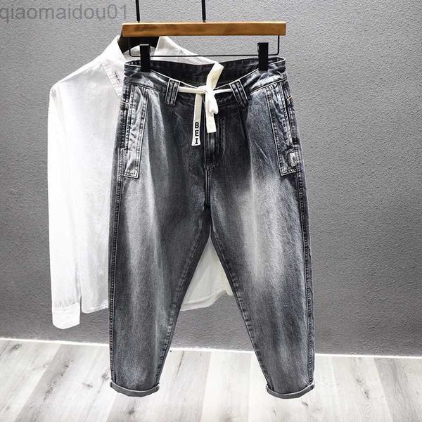 Pantalones vaqueros de hombre Pantalones vaqueros de cintura elástica Azul gris Retro Blanqueado Baggy Moda Cordón Tapered Haron Jeans Pantalones de mezclilla Streetwear L230724