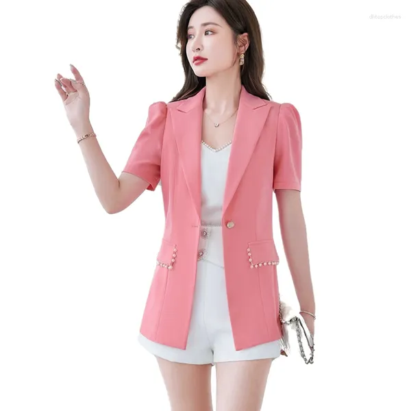 Abiti da donna Blazer rosa Top da donna OL Manica corta Moda Giacca casual Tasca con perle Cappotto da lavoro da donna da ufficio S-4XL