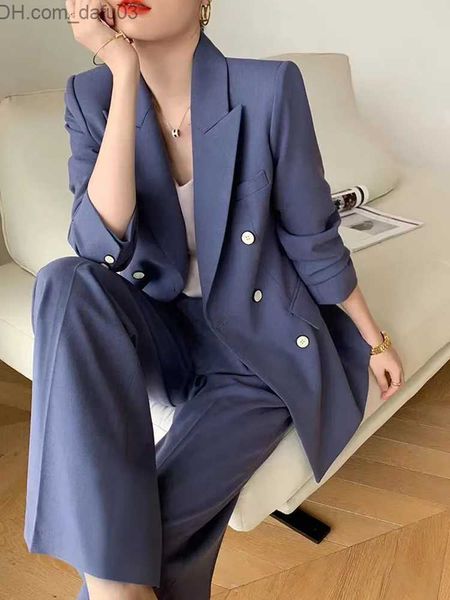 Calças femininas de duas peças terno redondo para roupas de escritório femininas 2023 moda coreana nova manga longa botão duplo casaco personalizado + conjunto de calças de cintura alta Z230724