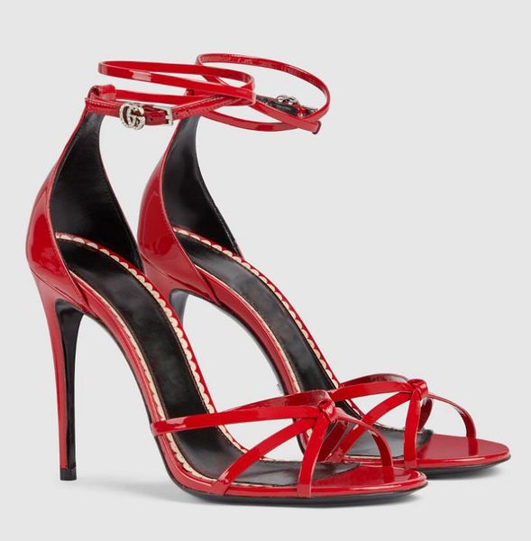 İtalya Tasarım Yaz Patent Deri Sandalet Ayakkabı Strappy High Topuk Altın Siyah Kırmızı Pompalar Parti Düğün Gladyatör Sandalyas Box.eu35-43