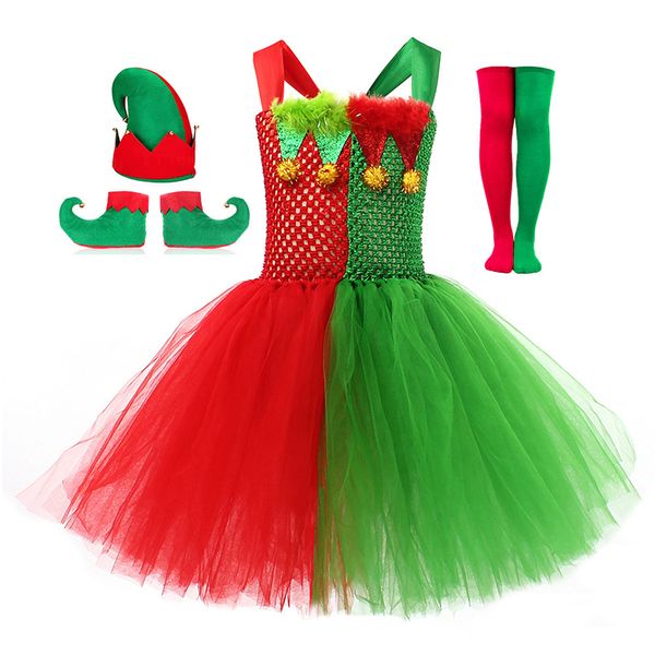 Elfo di Natale Abbigliamento Bambini Ragazze Ritaglio Tutu Vestito Cappello Scarpe Calze Vestito per Halloween Xmas Masquerade Party Costume Cosplay