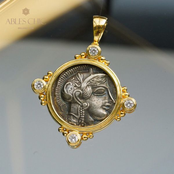 Collane con ciondolo Argento sterling 925 Moneta antica romana Pendente a doppia faccia Tono oro 18 carati Scultura antica Collana con accenti di zirconi C11N3S25779 230724