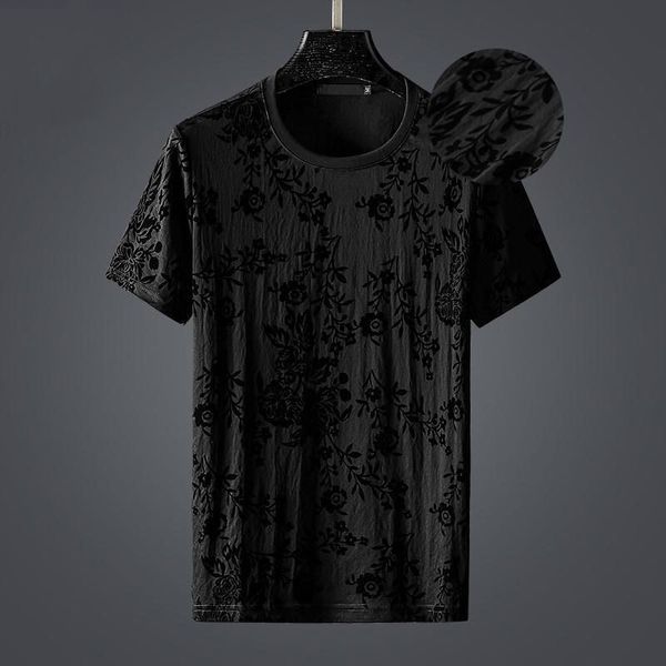 Camisetas masculinas estilo europeu e americano de alta qualidade flocando flores manga curta camiseta masculina slim fit meia tendência da moda top jacquard 230724